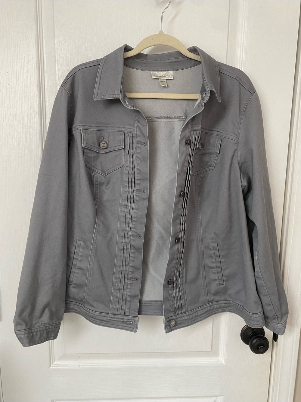 dressbarn Soft Grey Jean Jacket with Pleated Front Trim